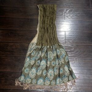 Bohemian Floral Green Knit Scarf Blend Fringe